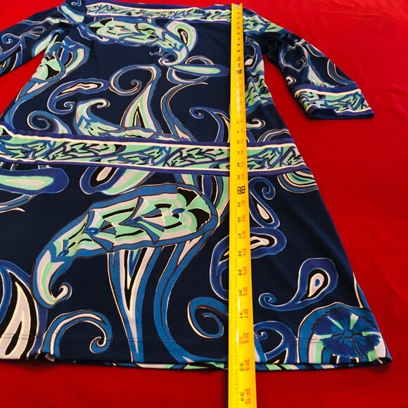 Drop Waist Dress Blue White Green Swirls ¾ Sleeves Stretch Ali Ro Women’s Size 2 - Picture 12 of 16